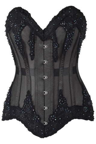 Top Drawer Sheer Black Mesh & Beaded Steel Boned Overbust Corset