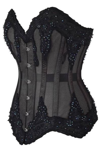 Top Drawer Sheer Black Mesh & Beaded Steel Boned Overbust Corset