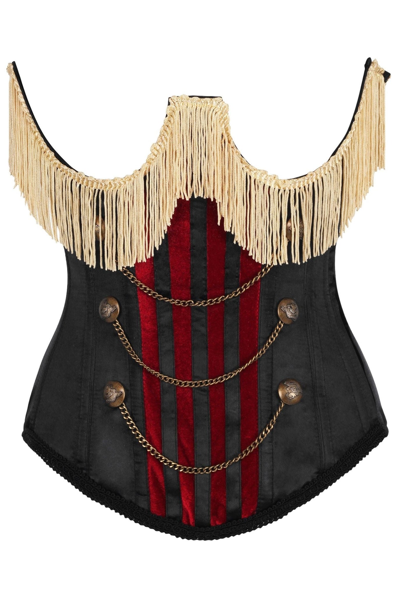 Top Drawer Burlesque Underbust Black/Dark Red Steel Boned Corset w/Gold Fringe