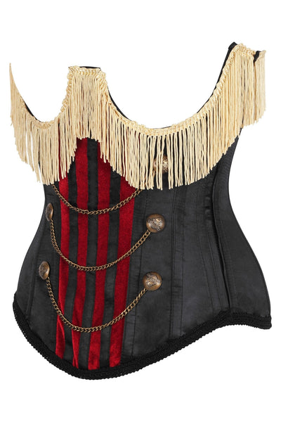 Top Drawer Burlesque Underbust Black/Dark Red Steel Boned Corset w/Gold Fringe