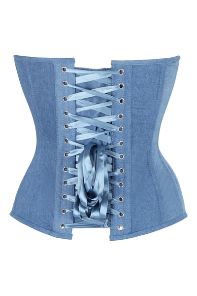 Top Drawer Steel Boned Blue Denim Plunge Neckline Overbust Corset