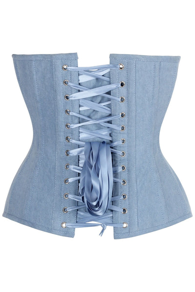 Top Drawer Steel Boned Light Blue Denim Plunge Neckline Overbust Corset