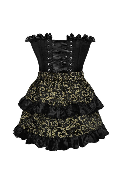 Top Drawer 2 PC Black Satin Steel Boned Burlesque Corset & Gold Brocade Skirt Set - Daisy Corsets