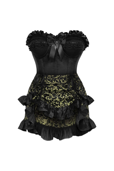 Top Drawer 2 PC Black Satin Steel Boned Burlesque Corset & Gold Brocade Skirt Set - Daisy Corsets