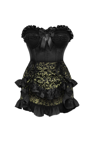 Top Drawer 2 PC Black Satin Steel Boned Burlesque Corset & Gold Brocade Skirt Set - Daisy Corsets