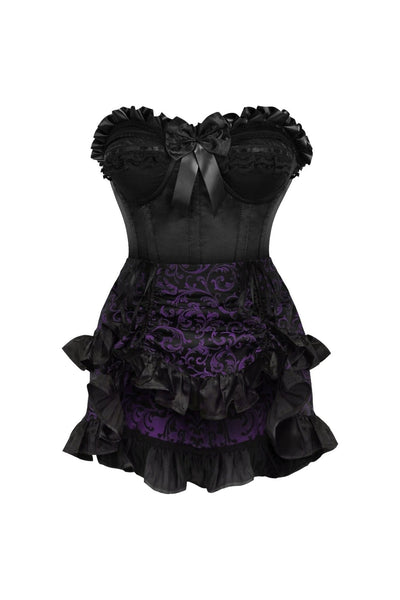 Top Drawer 2 PC Black Satin Steel Boned Burlesque Corset & Purple Brocade Skirt Set - Daisy Corsets