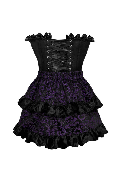 Top Drawer 2 PC Black Satin Steel Boned Burlesque Corset & Purple Brocade Skirt Set - Daisy Corsets