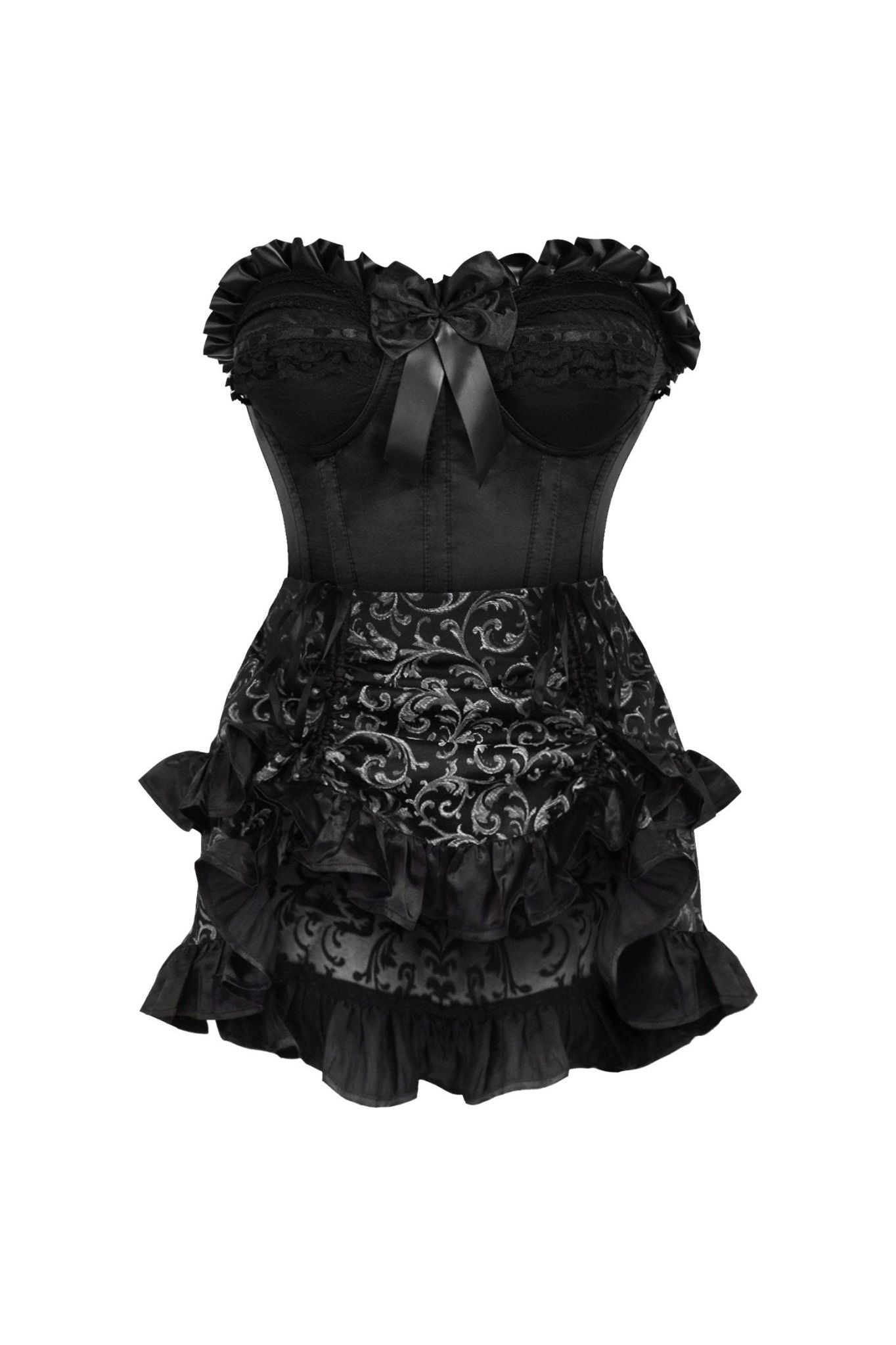 Top Drawer 2 PC Black Satin Steel Boned Burlesque Corset & Silver Brocade Skirt Set - Daisy Corsets