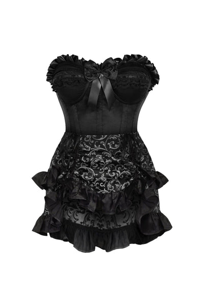 Top Drawer 2 PC Black Satin Steel Boned Burlesque Corset & Silver Brocade Skirt Set - Daisy Corsets