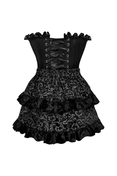 Top Drawer 2 PC Black Satin Steel Boned Burlesque Corset & Silver Brocade Skirt Set - Daisy Corsets