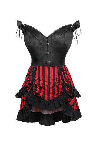 Top Drawer 2 PC Black Satin Steel Boned Corset w/Straps & Striped Skirt Set - Daisy Corsets