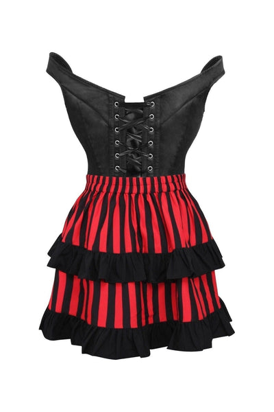 Top Drawer 2 PC Black Satin Steel Boned Corset w/Straps & Striped Skirt Set - Daisy Corsets