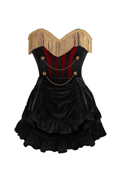 Top Drawer 2 PC Burlesque Black & Dark Red Steel Boned Corset w/Gold Fringe & Skirt Set - Daisy Corsets