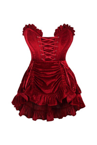 Top Drawer 2 PC Dark Red Velvet Lace - Up Corset & Skirt Set - Daisy Corsets