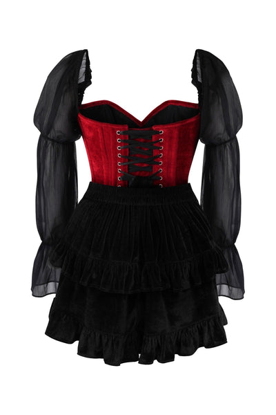 Top Drawer 2 PC Dark Red Velvet Steel Boned Corset w/Sleeves & Skirt Set - Daisy Corsets