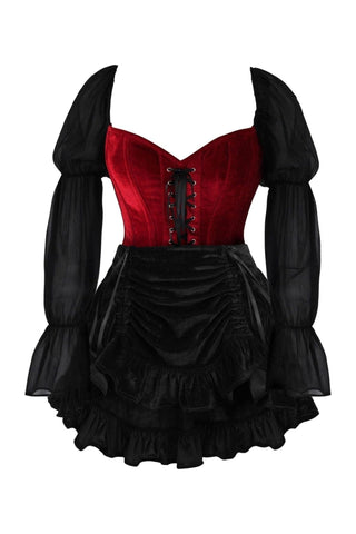 Top Drawer 2 PC Dark Red Velvet Steel Boned Corset w/Sleeves & Skirt Set - Daisy Corsets