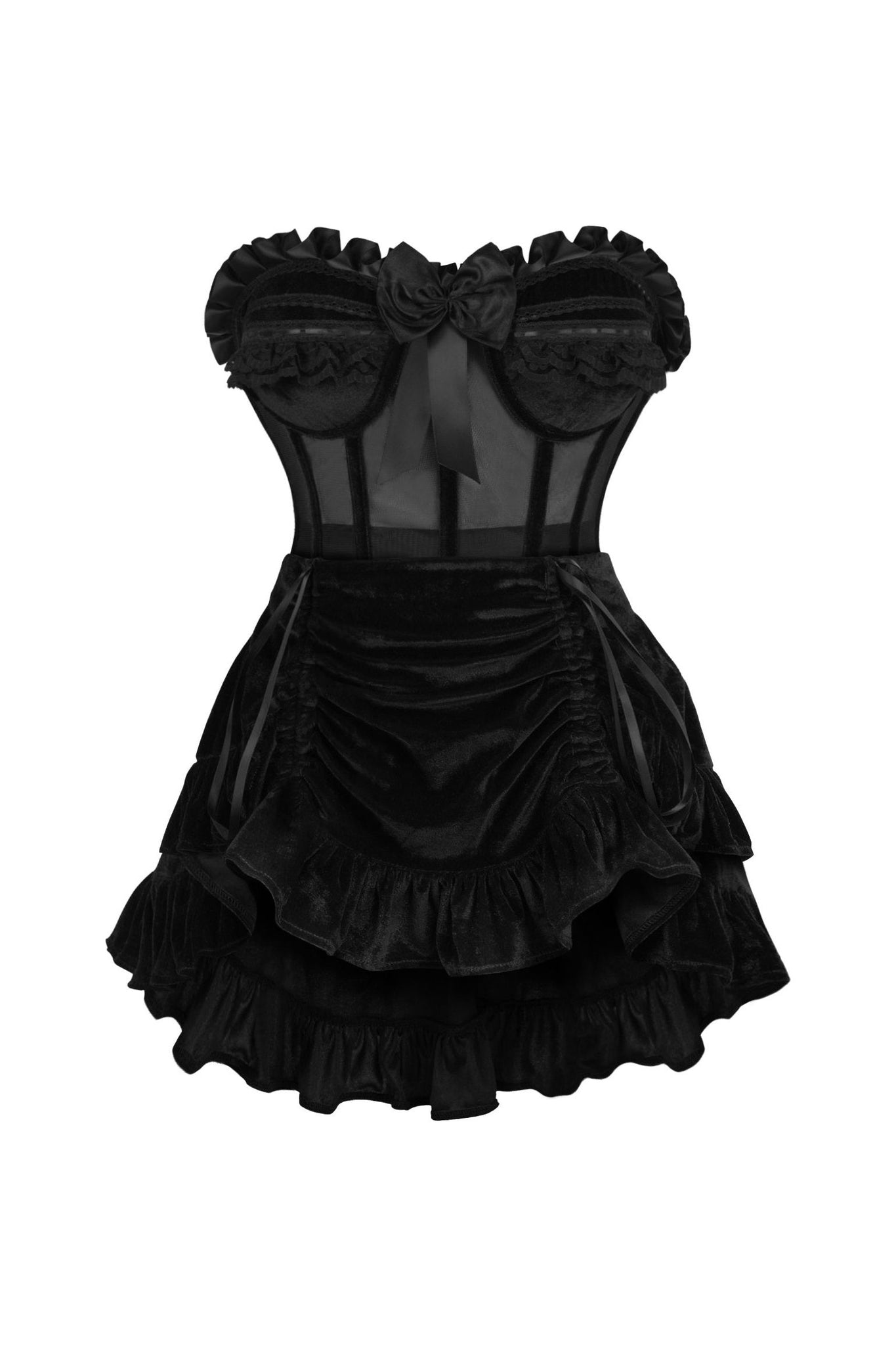 Top Drawer 2 PC Steel Boned Black Mesh & Velvet Underwire Bustier Corset & Skirt Set - Daisy Corsets