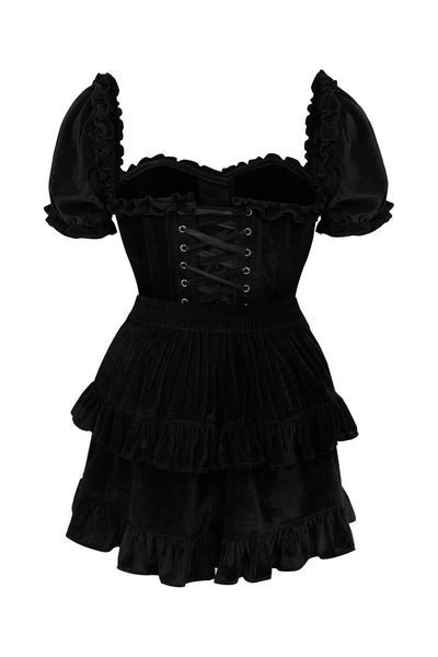 Top Drawer 2 PC Steel Boned Black Velvet Overbust Corset w/Sleeves & Skirt Set - Daisy Corsets