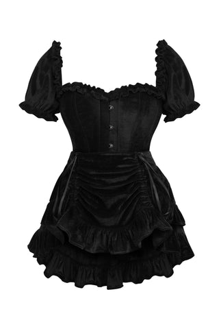 Top Drawer 2 PC Steel Boned Black Velvet Overbust Corset w/Sleeves & Skirt Set - Daisy Corsets