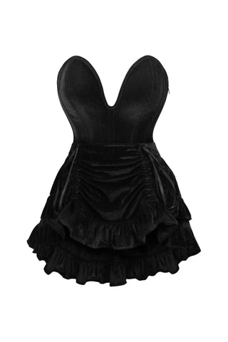 Top Drawer 2 PC Steel Boned Black Velvet Plunge Corset & Skirt Set - Daisy Corsets