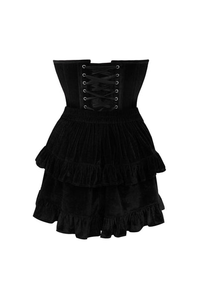 Top Drawer 2 PC Steel Boned Black Velvet Plunge Corset & Skirt Set - Daisy Corsets