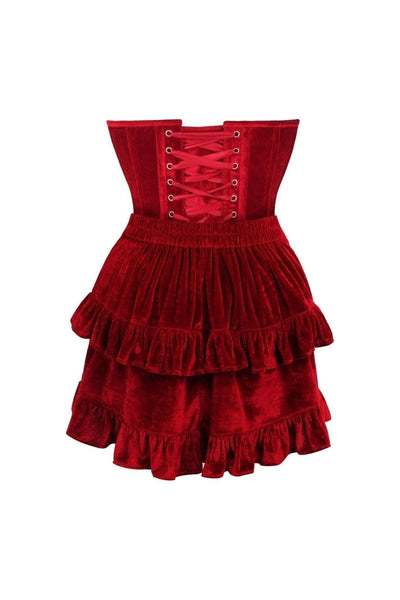 Top Drawer 2 PC Steel Boned Dark Red Velvet Plunge Corset & Skirt Set - Daisy Corsets