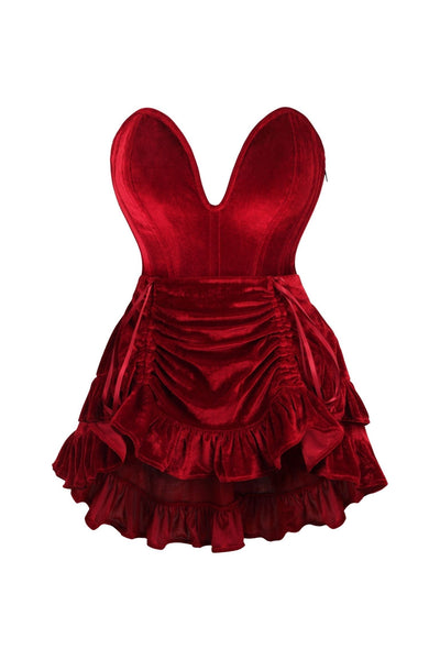 Top Drawer 2 PC Steel Boned Dark Red Velvet Plunge Corset & Skirt Set - Daisy Corsets