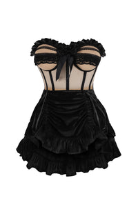 Top Drawer 2 PC Steel Boned Nude & Black Mesh Underwire Bustier Corset & Skirt Set - Daisy Corsets