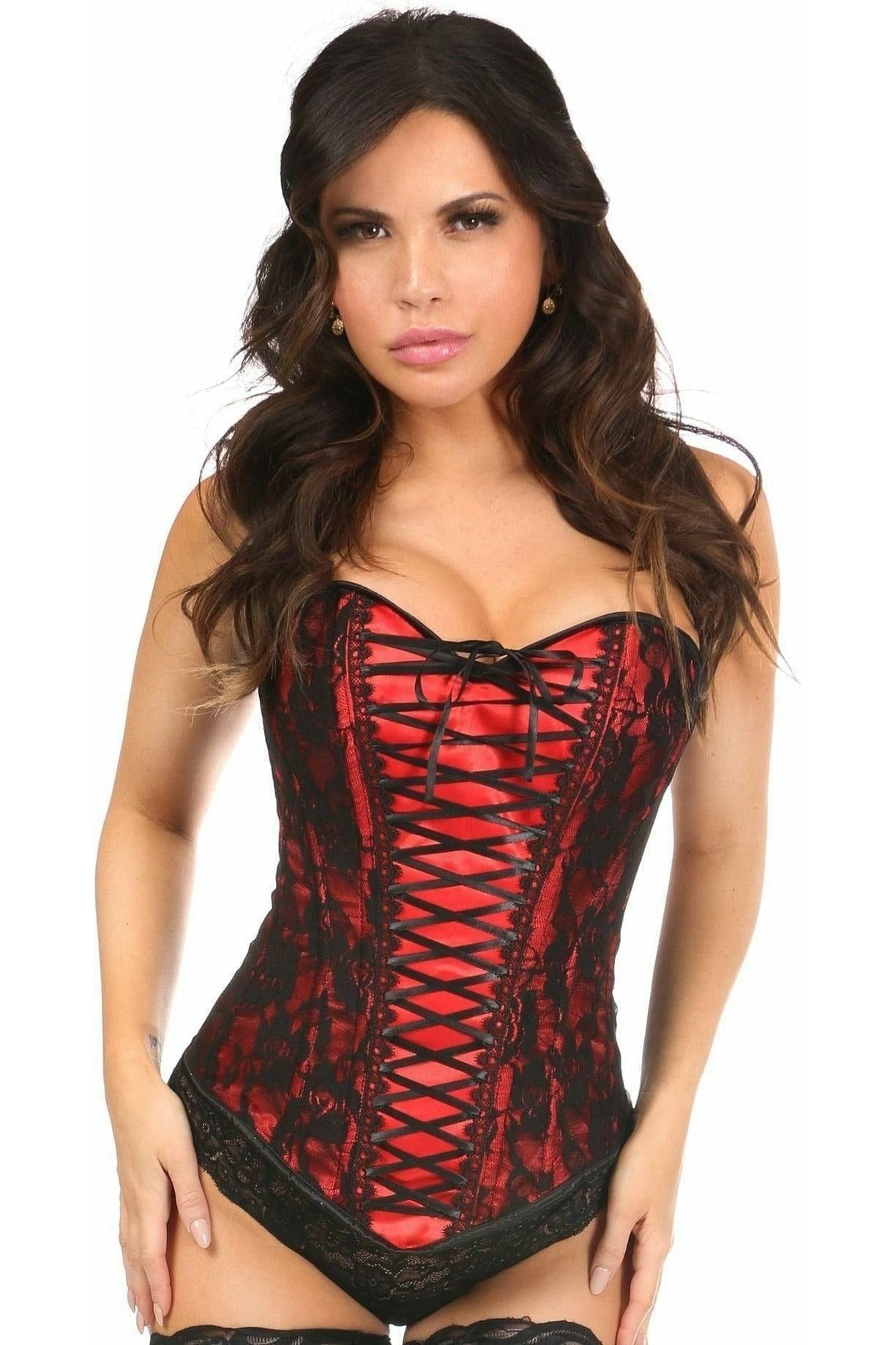 Red Overbust Corset Dress with Black Lace Overlay | lacedupcorsets