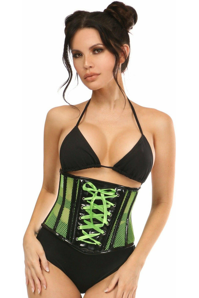 Daisy Corsets Top Drawer Neon Green Patent & Fishnet Underbust 